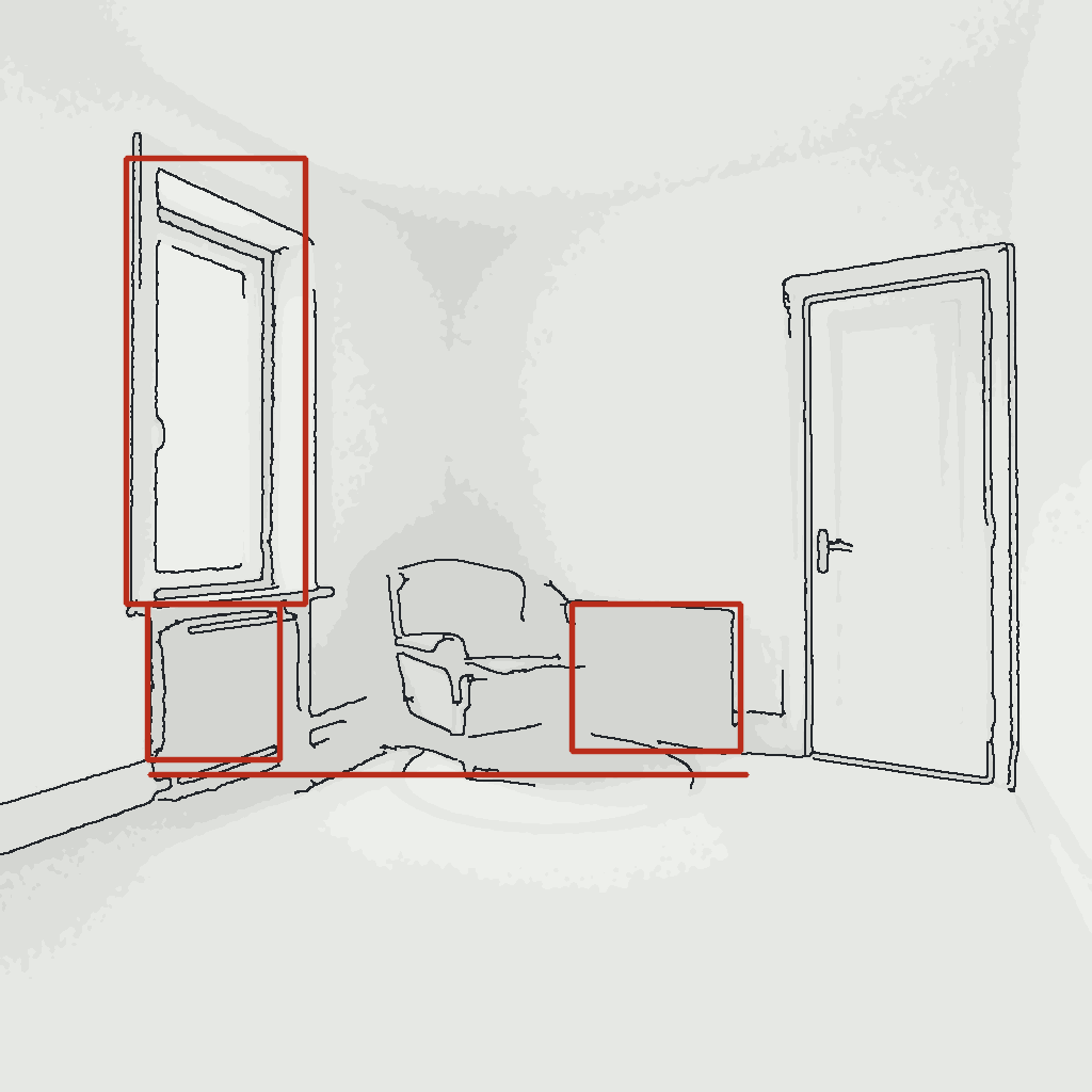 The same living room as a labelled As-Built Model, with the window, radiators, and pipe run marked as works items in red